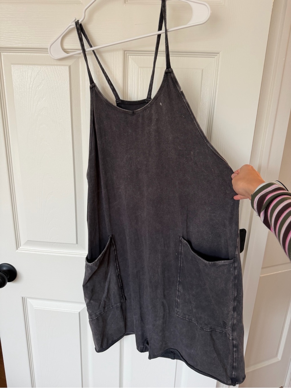 Free People Washed Black Hot Shot Romper with Front Pockets